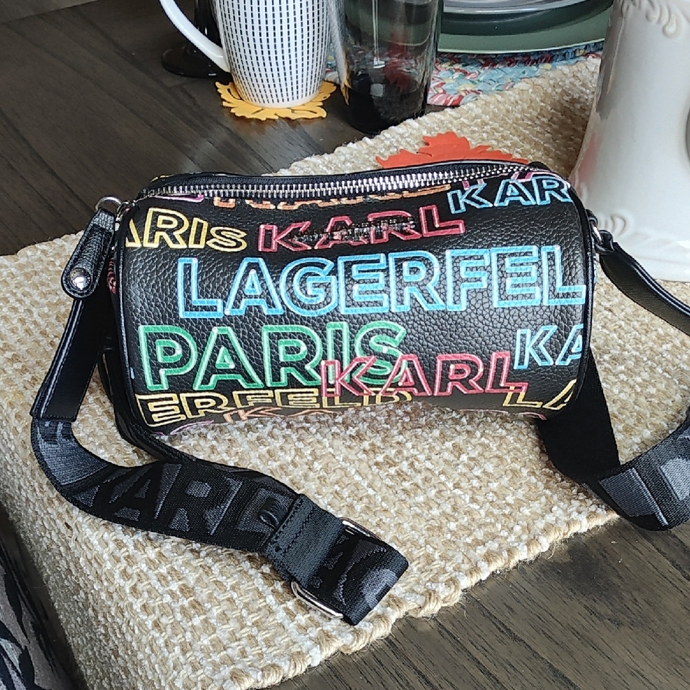 Karl Lagerfeld Black Multicolor Logo Barrel Bag